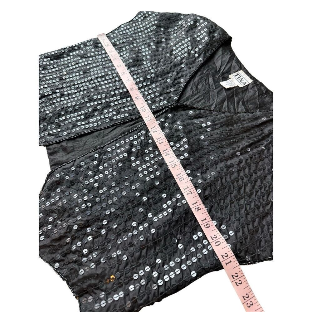 Vintage 80’s TINA Black Silk Sequined Open Front Top Size M - Picture 7 of 8